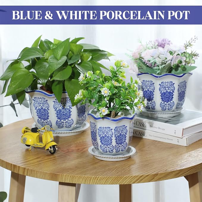 Briwooody Set of 3 Blue and White Porcelain Flower Pots 7.2'' 6'' 4'' Decorative Chinoiserie Plant Pots with Drainage Hole Saucers Ceramic Planters for Indoor Garden(Classic Style)