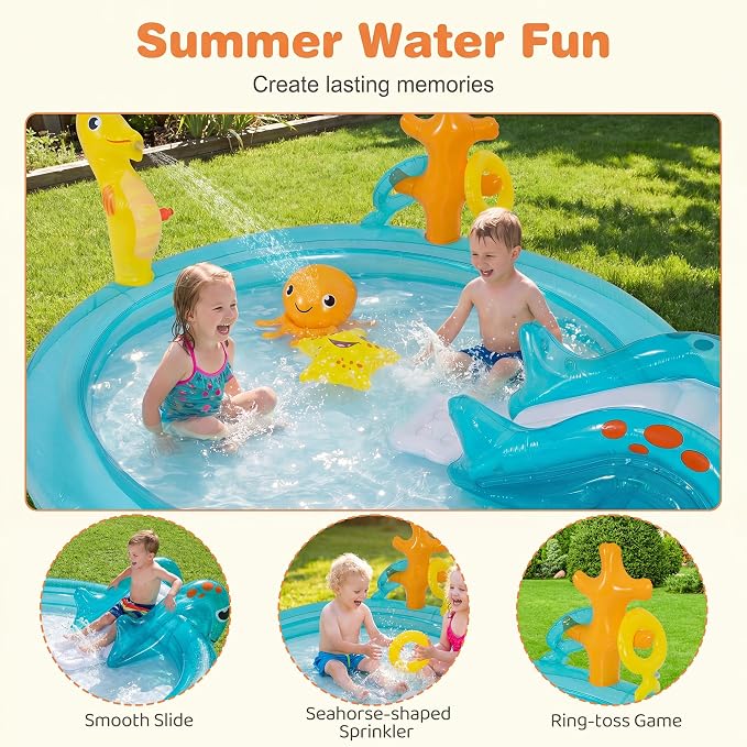 GLACER Kids Pool with Slide, Inflatable Play Center with Seahorse Sprinkler | 70" x 62" x 26.5" Water Splash Pad with Ring-toss Game, Heightened Guardrails, PVC toddler pool for Outdoor Backyard, Garden
