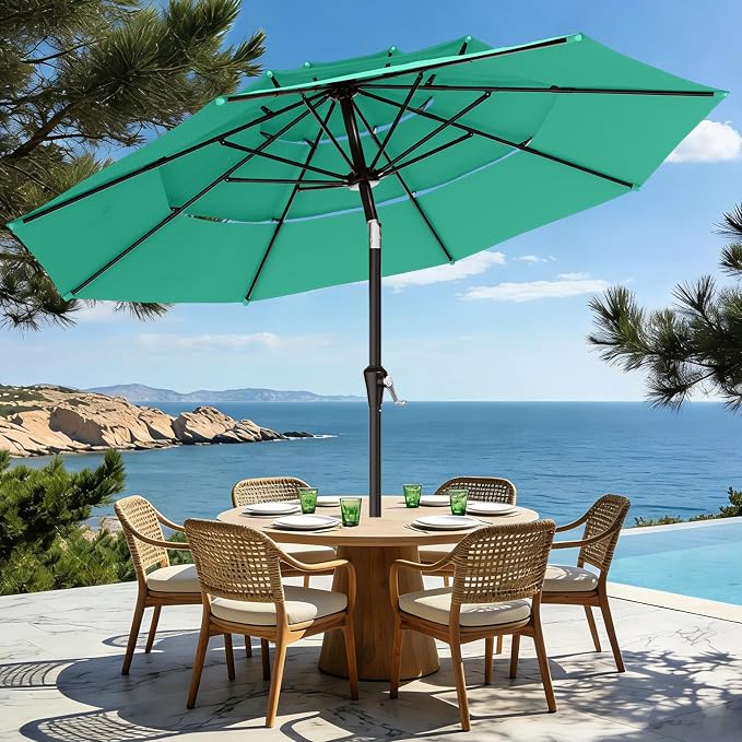 AreShark 9ft 3-Tier Patio Umbrellas, Outdoor Umbrella with 8 Sturdy Ribs UV Protection Windproof, Market Table Umbrella w/Push Button Tilt & Crank for Pool, Porch, Deck, Garden(Aruba Blue)