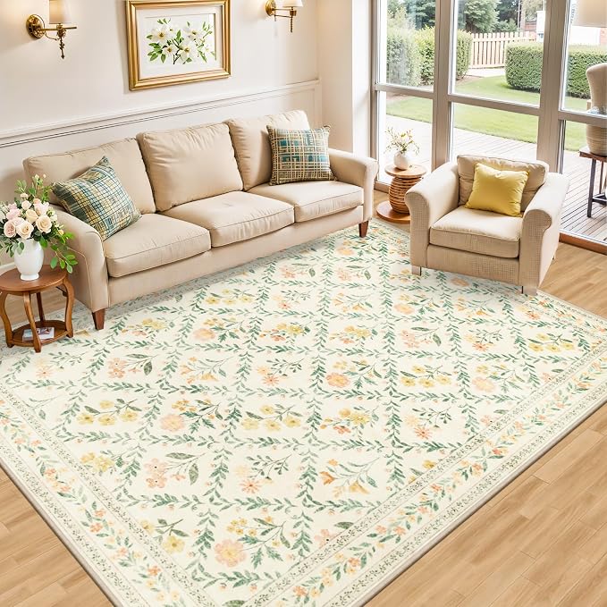 PLHXFR 6x9 Area Rug Living Room: Floral Washable Boho Carpet Beige Multi | For Bedroom Dining Room Farmhouse Nursery Hallway,Vintage Floral,Machine washable,Non Slip,Stain Resistant,Large Indoor