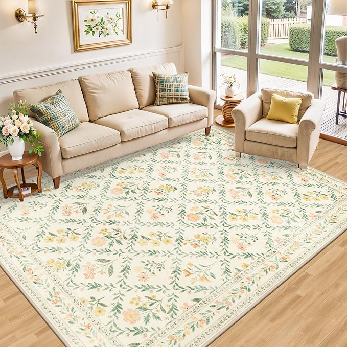 PLHXFR Area Rug Living Room: 4x6 Floral Washable Boho Carpet Beige Multi | For Bedroom Dining Room Farmhouse Nursery Hallway,Vintage Floral,Machine washable,Non Slip,Stain Resistant,Large Indoor