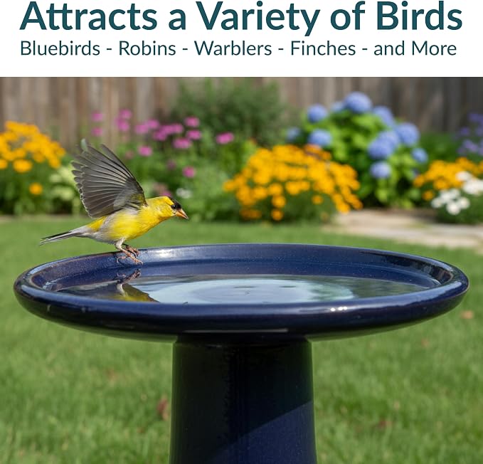 Sunnydaze 21" H Ceramic Bird Bath for Outside - Hand-Painted Outdoor Bird Bath Bowl, UV/Frost-Resistant Finish - Midnight Blue