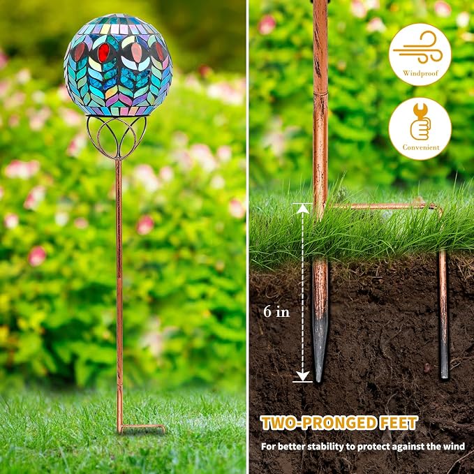 Solar Outdoor Decorative Light, Mosaic Ball Stake for Yard Decor, 6" | 6" Crackle Glass Sphere Mosaic Glass Ball Stake, Waterproof Design & Solar Lights for Lawn, Yard & Pathway Decor, Green