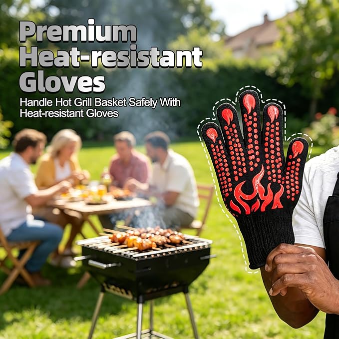 Rolling Grill Basket with Insulated Gloves (2PCS), 304 Stainless Steel Nesting Grill Baskets with Removable Wooden Handles, BBQ Grilling Accessories for Vegetable, Camping, Outdoor, Gifts for Men/Dad