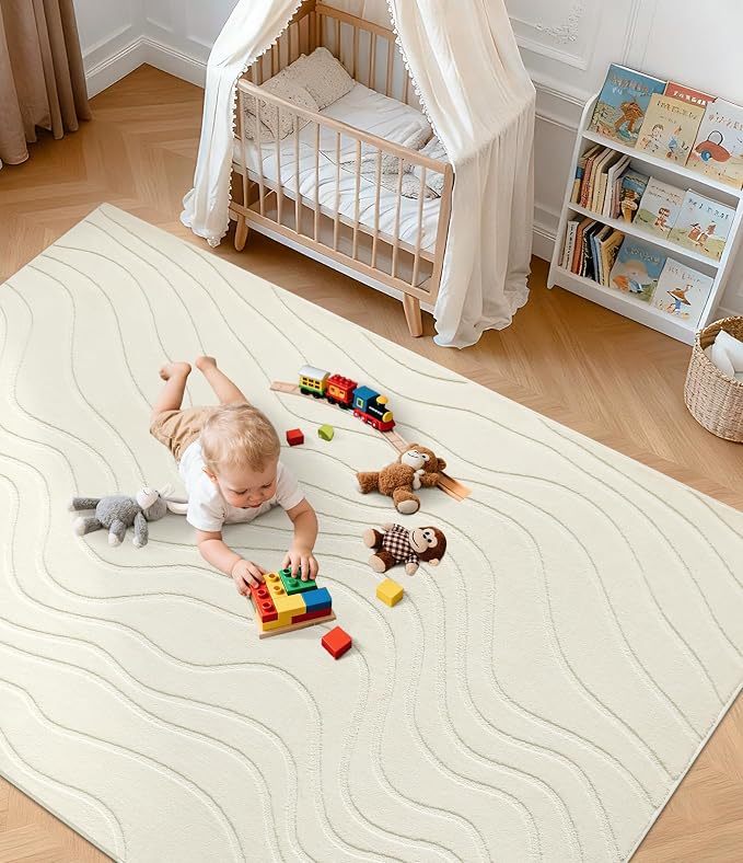 8x10 Abstract Wave Striped Area Rug, Modern Washable High-Low Pile Rug, Soft Textured Carpet for Living Room, Bedroom,Dining Room, Beige Ivory White