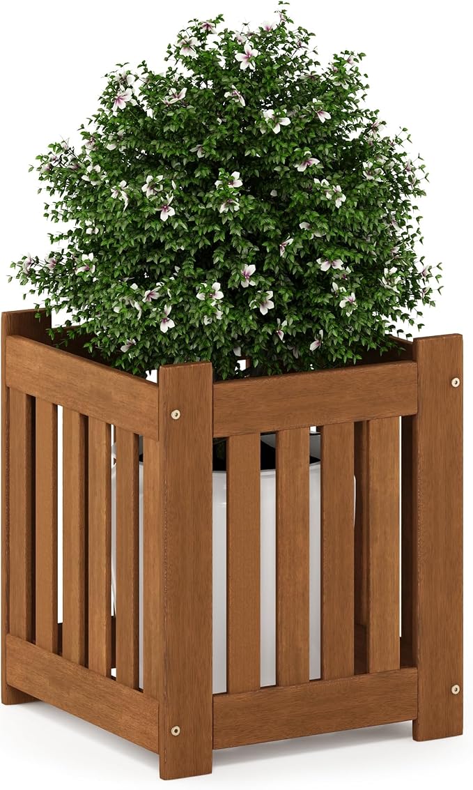 Furinno TIOMAN Planter Box, Hardwood Flower Box, Cube Garden Box, in Teak Oil, Outdoor Indoor, Garden, Patio, Balcony, Light Wood