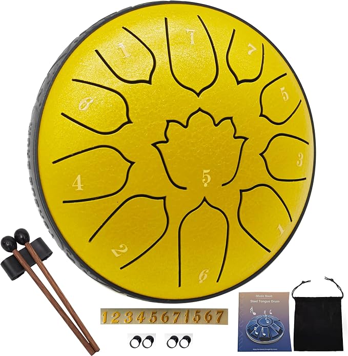 Steel Tongue Drum 11 Notes 6 Inches, Rain Drum for Outside with Bag, Music Book, Mallets, Finger Picks, Stickers – Meditation & Yoga Steel Drum