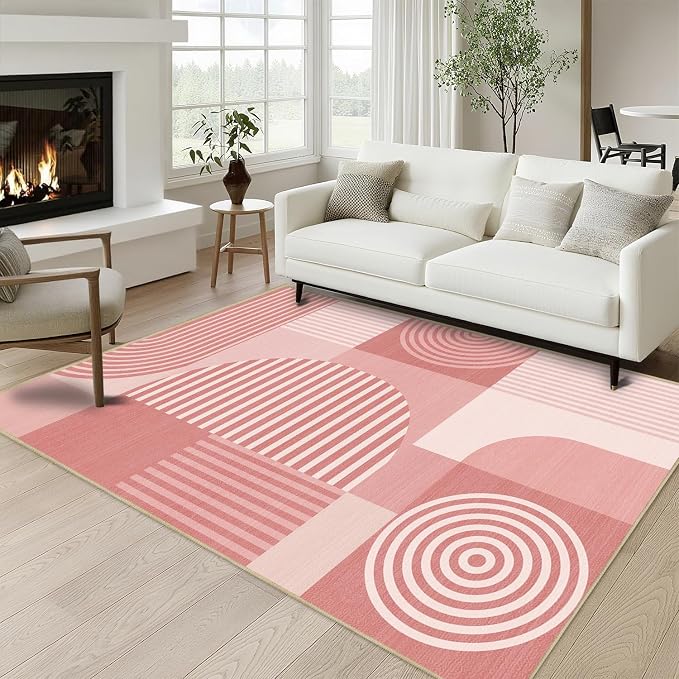 Pink Geometric Area Rug 4x6 for Living Room Rug Machine Washable Minimalist Line Mid Century Modern Rugs Non Slip Low Pile Indoor Floor Carpet for Bedroom Dining Room Laundry Office,Pink
