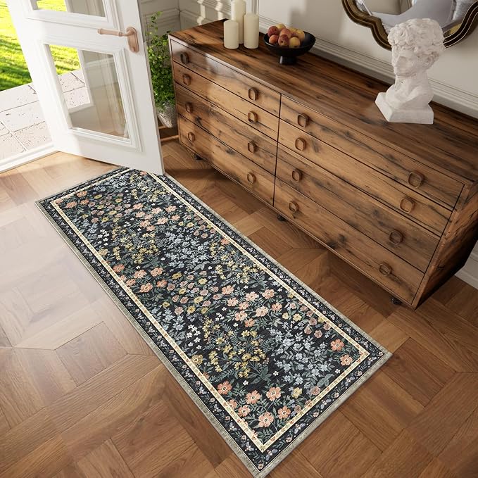 Machine Washable Rug Runners for Hallways: 2'6"x8' Kitchen Rugs Stain Resistant Non Slip Low Pile Soft Carpet Runner Rug for Entryway Bedroom Indoor Bedside Bathroom Laundry Room Farmhouse