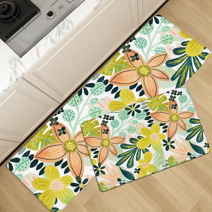 Tyrot Boho Floral Long Kitchen Mats Rugs Sets of 2 Cushioned Anti Fatigue Floor Mat Foam Comfort Kitchen Rugs Farmhouse Style Non Slip Waterproof Mid Century Botanical Standing Mat for Sink Laundry