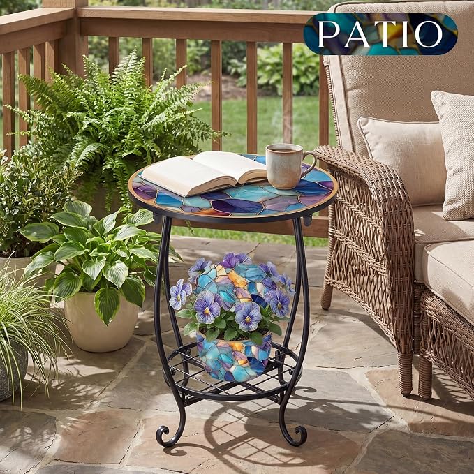 Cinnvoice Outdoor Side Table Round Small Mosaic Patio Accent Indoor End Plant Coffee Tea Table for Yard Patio Porch Garden Living Room, Bedroom(Marble Style,14 Inch)