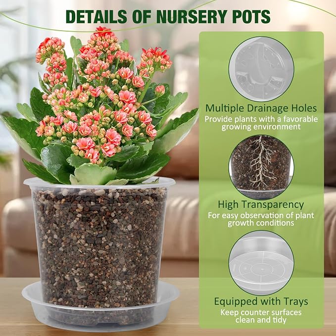 10/8/6/4 Inch Clear Nursery Pots with Drainage Holes and Saucers, 12 Pack Large Clear Pots for Plants Variety Pack, Plastic Nursery Pots for Succulents, Seedings, Herbs, Flowers, Vegetables
