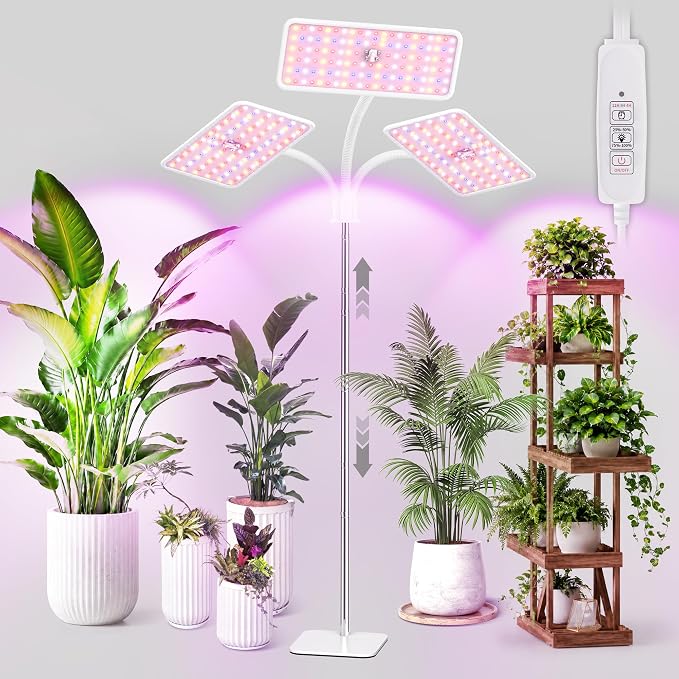 KINGPLUS Grow Lights with Stand, Three Heads, Full Spectrum LED Grow Light for Indoor Plants, 360 Leds, 4 Dimmable Levels, Timer 4/8/12h, 12-60inches Height Adjustable, 48w, Ideal for Desk Small Plant