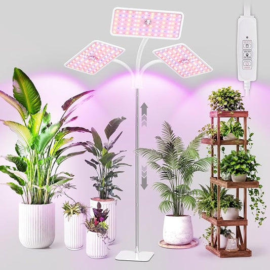 KINGPLUS Grow Lights with Stand, Three Heads, Full Spectrum LED Grow Light for Indoor Plants, 360 Leds, 4 Dimmable Levels, Timer 4/8/12h, 12-60inches Height Adjustable, 48w, Ideal for Desk Small Plant