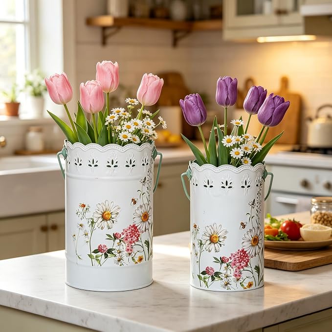 Set of 2 Rustic White Metal Flower Pots, Decorative Floral Buckets Farmhouse Iron Vases Planters for Dried Flowers, Faux Plants, Home Garden Decor