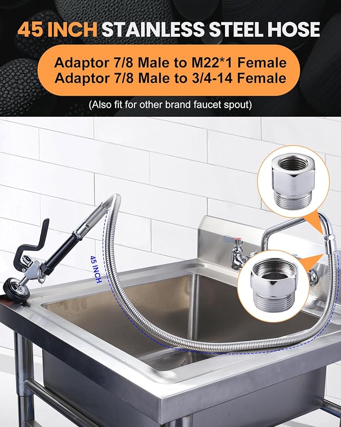 Commercial Sink Sprayer Valve with Hose: iVIGA 45" Flexible Stainless Steel Commercial Kitchen Spray Hose - 1.3 & 3.85 GPM High Pressure Pre Rinse Spray Nozzle - Black 7/8"-20UNEF Handle Assembly