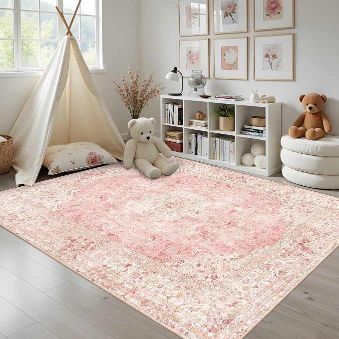 Latte&Fog Large Area Rugs 6x9, Vintage Washable Pink Rugs for Living Room | for Dining Kitchen Kids Nursery Playroom Guest Room Classroom Dorm Farmhouse Office, Non Slip Low Pile Soft Floral Carpets