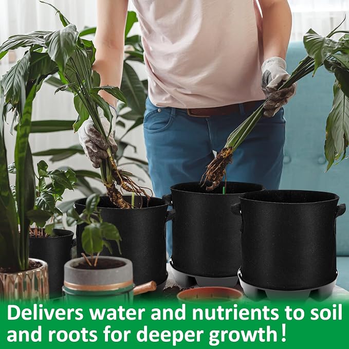 Jingmore 6 Set 3 Gallon Grow Bag Self Watering Fabric Pot Base Automatic Watering System Plant Nonwoven Grow Bag Handle Plant Saucer Elevate Flower Tray for Garden Indoor Outdoor Greenhouse (Black)