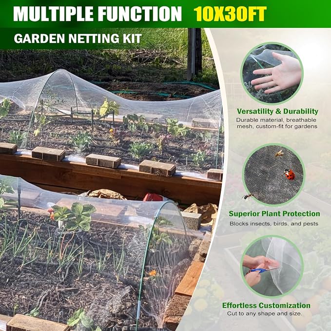 Garden Mesh Netting Kit, 10x30FT White Ultra Fine Netting & 8FT Fiberglass Garden Hoops with Support Bases, Garden Netting with Frame for Raised Beds, Garden Hoops & Netting, Row Cover, Plant Barrier