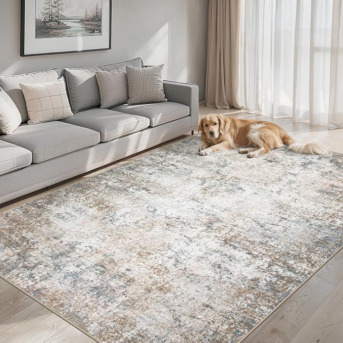 PLHXFR Area Rug Living Room: 4x6 Abstract Washable Carpet Brown Grey | For Bedroom Dining Room Farmhouse Nursery Home,Machine washable,Non Slip,Large Soft Neutral,Stain Resistant, Indoor Floor