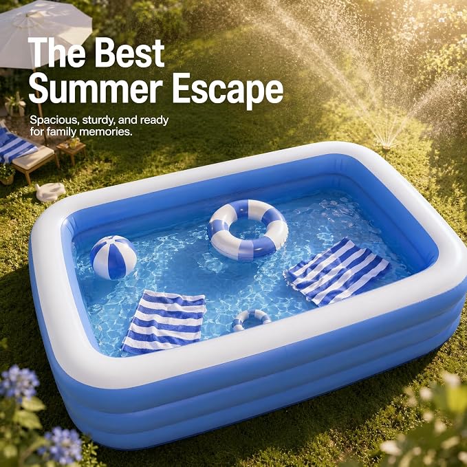 Title Inflatable Swimming Pool for Adults and Kids 112"×65"×20", Thickened PVC Blow Up Family Pool with Electric Pump, 3 Air Chambers, Outdoor Backyard Garden Summer