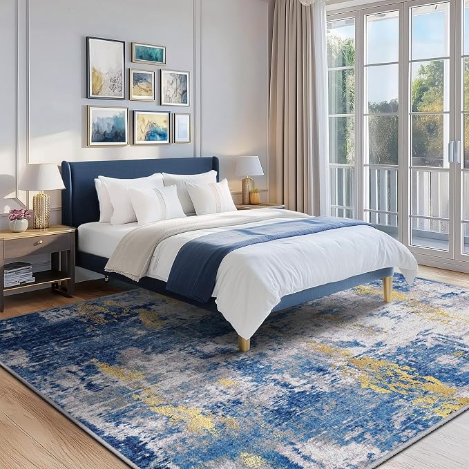 RELEANY Washable 5'x7' Abstract Area Rug for Living Room Blue Gold | Carpet for Bedroom, Kitchen, Office, Hallway and Entryway, Printed Pattern, Non‑Slip, Soft, Stain‑Resistant, Easy to Clean