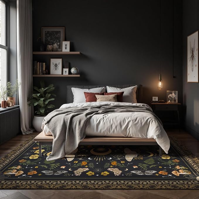 Nayoroom Gothic Luna Moth Black Area Rug, Machine Washable, 8 x 10 ft | Luna moth fantasy motif; Dark academia style; Soft surface; Machine washable; Non-slip backing; Living room or bedroom