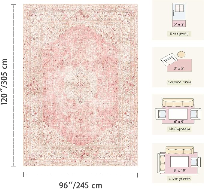 Latte&Fog 8x10 Area Rugs for Living Room Washable Large Pink Rugs Cute | Non Slip Low Pile Soft Floral Carpet for Girls Bedroom Dining Kitchen Kids Playroom Nursery Classroom Dorm Farmhouse Office