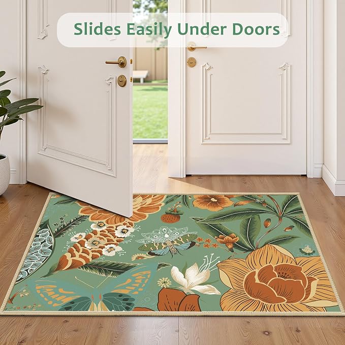 Tyrot Sage Green Boho Floral 2x3 Washable Kitchen & Entryway Rug Ultra-Thin Flat Woven Low Pile Botanical Butterfly Area Rug Non-Slip Indoor Door Mat for Bathroom Bedroom