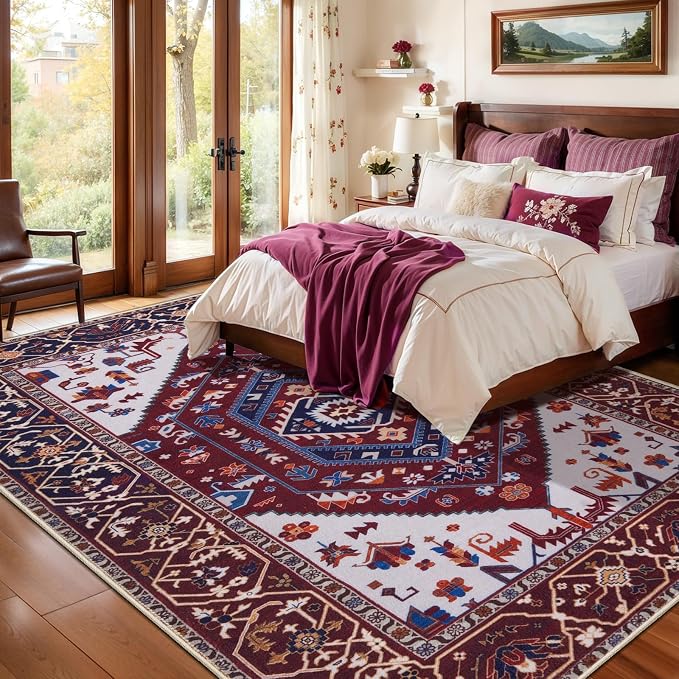 SERISSA 5x7 Washable Non Slip Boho Area Rug for Living Room | Ultra Soft Vintage Oriental Carpet Low-Pile Burgundy Navy Throw Carpet for Bedroom Dining Room Dorm Office Home Decor