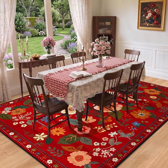 Floral Washable 6x9 Area Rugs Red/Orange | Flower Carpet, Print, Boho, Non-Slip, Easy to Clean, Soft, Low Pile for Living Room Bedroom Kitchen Office Entryway Hallway