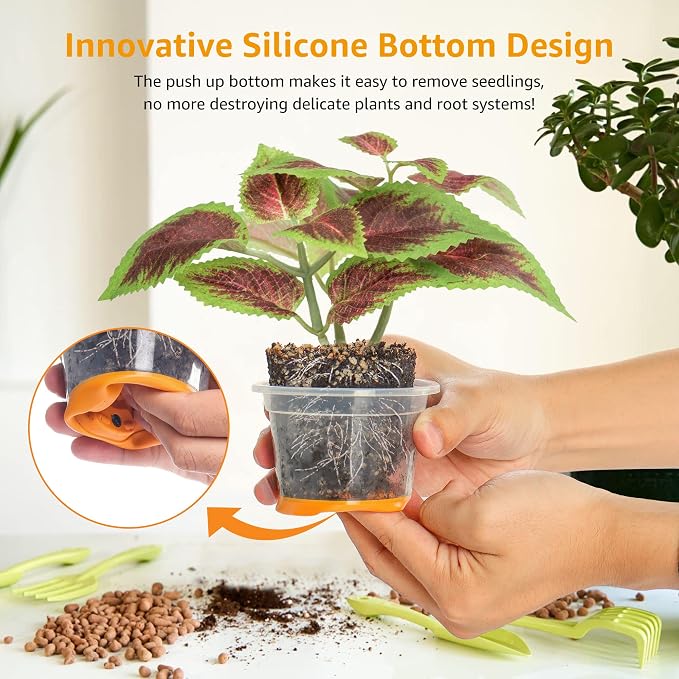 MIXC Thickened Clear Nursery Pots with Silicone Base for Easy Transplant 30 Packs 4 Inch, Transparent Plant Pot Reusable Seedling Pots for Vegetable Propagation, Root Cutting, Seed Starting, Orange