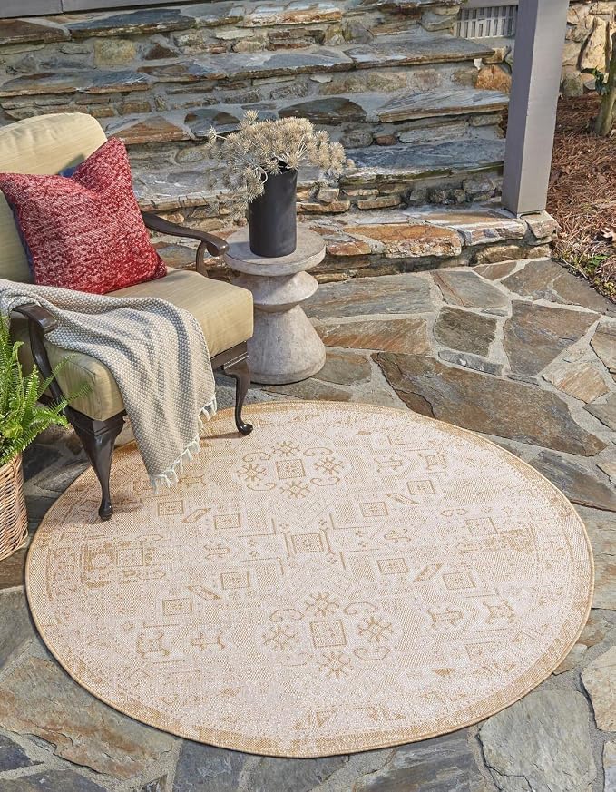 Unique Loom Outdoor Aztec Collection Area Rug - Coba (7' 10" Round, Natural/ Ivory)