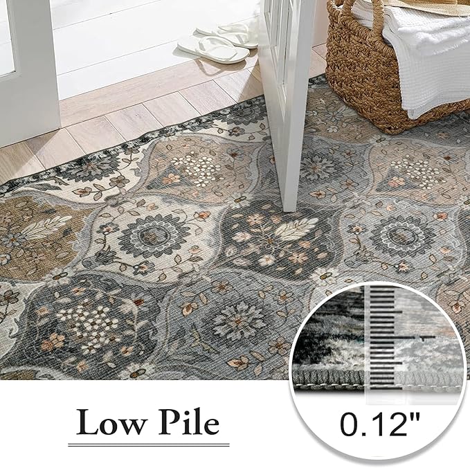 Lahome Moroccan Washable Living Room Rug, 5x8 Rugs for Bedroom Dining Room | Soft Non-Slip Non Shedding Boho Distressed Throw Carpet for Nursery Office Elise, Grey