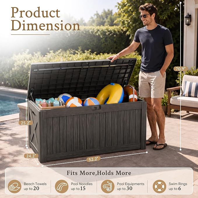 Devoko 120 Gallon Deck Box Resin Outdoor Storage Box Waterproof for Patio, Large Outdoor Storage Bench Lockable for Outside (Deep Brown)