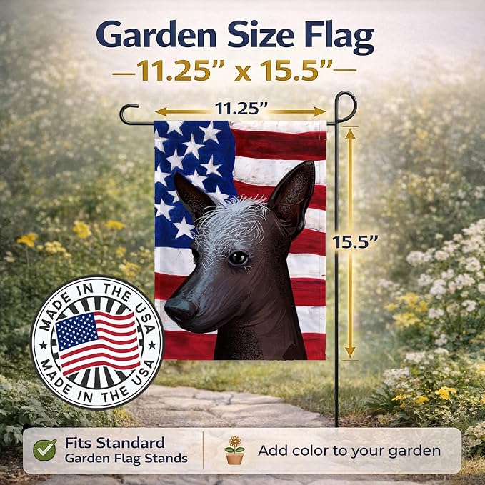 Caroline's Treasures CK6614GF Mexican Hairless Dog American Flag Garden Flag Mailbox Flag Decorative Yard Flag Banner Outside Patio Artwork Yard Flower Beds, Garden Size, Multicolor
