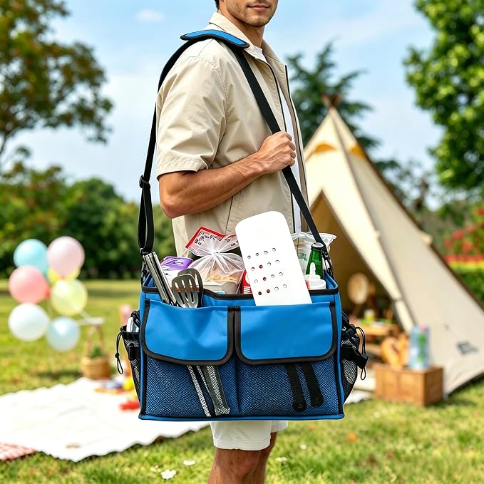 Large Grill Caddy with Paper Towel Holder - BBQ Caddy Organizer for Utensil, Condiment - Easy Carry Picnic Bag - Griddle Bag for Camping, Travel, RV - 600D Waterproof Oxford Fabric, Blue