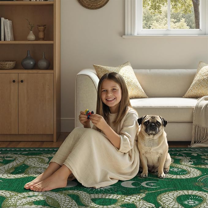DCX 2x6 Washable Snake Rug for Living Room, Non Slip Low Pile Rug, Green | Rugs for entryway, kitchen, dining room, office, soft, kid & pet friendly, sain resistant indoor carpet, home decor