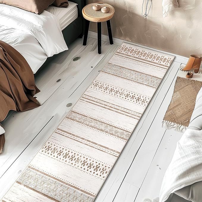 2x8 Washable Area Rugs for Living Room Boho Runner Rug Cream/Brown/Pink | Vacuum Friendly, Machine Washable, Non-Slip Rug, Stain Resistant, Moroccan Geometric, Low Pile Carpet, Hallway Kitchen