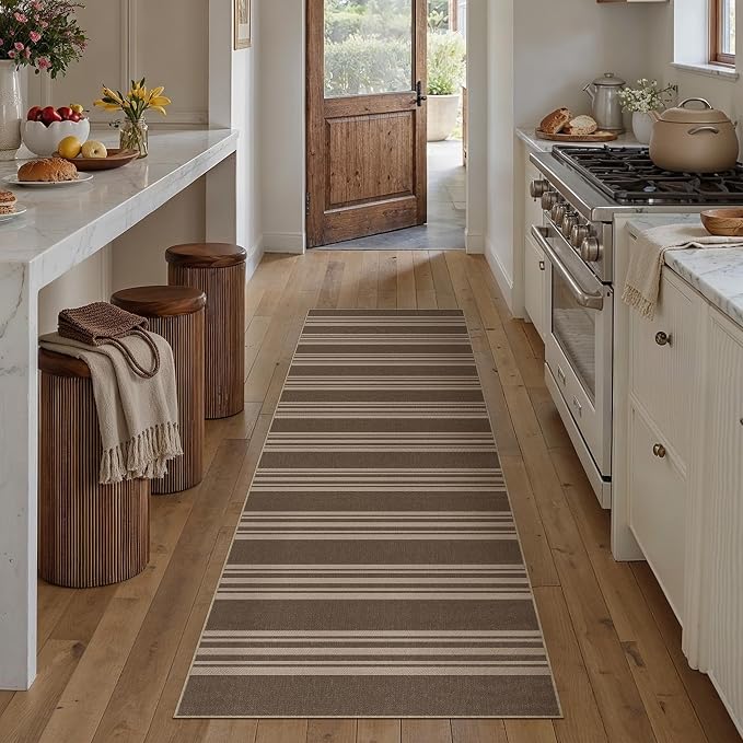 PureCozy Striped Easy Jute 2x8 Kitchen Runner Rug Brown Washable Carpet for Hallway Non Slip Farmhouse Neutral Non Shedding Indoor Outdoor 2'6"x8 Long Rug Bathroom Bedroom Laundry Entryway