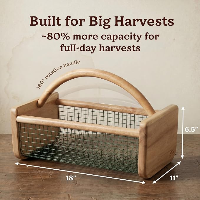 HOMESTEAD Garden Hod Harvest Basket, Durable Acacia Wood Frame with Rotating Handle, Farmhouse Basket for Home Improvement, Gardening, Farm, Kitchen, Indoor Outdoor Use, Brown