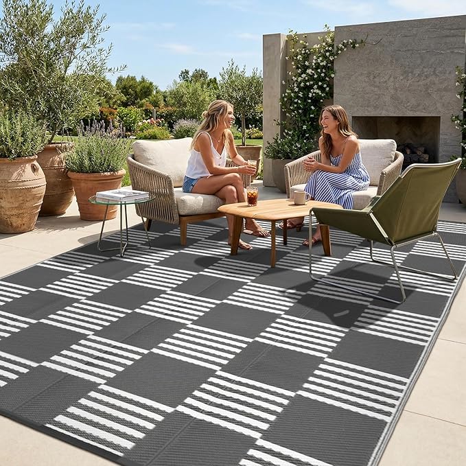 Garvee Waterproof Outdoor Rug 9x12, Checkered Foldable Plastic Straw Patio Camping Rug, Outdoor RV Carpet for Deck Camper Porch Balcony Backyard Picnic Beach Gray and White