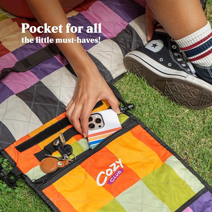 Cozy Club Waterproof Picnic Blanket – Foldable Outdoor Mat 60x70 with Stakes, Pocket & Shoulder Strap | Sandproof Beach Blanket for Festivals, Camping & Travel | Self-Packing | Multicolor | US Brand