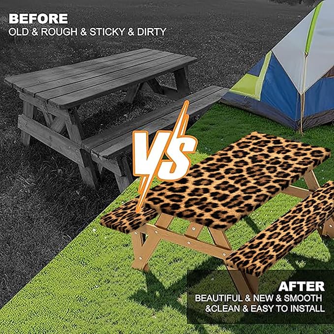 Picnic Table Cover with Bench Covers and Bag, Cheetah Leopard Print Waterproof Windproof, Fitted Tablecloth Cover with Elastic Edge, for Indoor & Outdoor, Garden, Camping, 3 Pieces Set, 30x96 Inch
