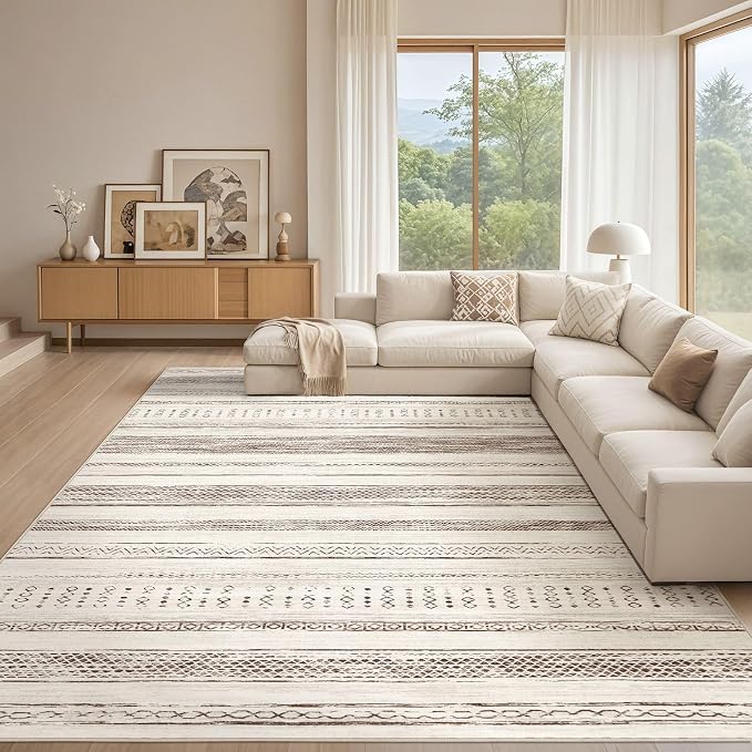 Tortania Area Rug Living Room Rugs - 10x12 Washable Large Soft Neutral Boho Moroccan Bohemian Farmhouse Rug Indoor Floor Carpet for Bedroom Under Dining Table Home Office Decor - Cream Brown