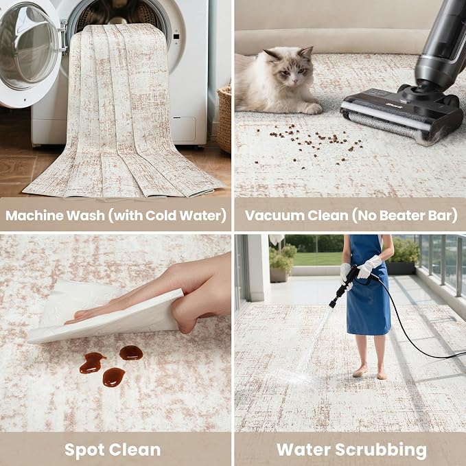 4x6 Washable Area Rug for Living Room Bedroom: Non-Slip Modern Beige White | Machine Washable TPR Backing, Stain-Resistant Low Pile, Pet & Kid Friendly, Abstract Decor for Dining Room, Dorm, Home Office