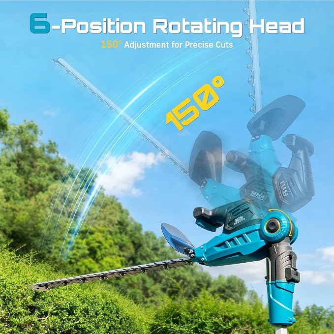 SEESII Pole & Cordless Hedge Trimmer 2-in-1: Electric Bush Trimmer with 20" Dual-Action Blade - 2 x 4000mAh Batteries, Telescopic Pole, Adjustable Rotating Head, Handheld Hedge Cutter for Tree Shrubs