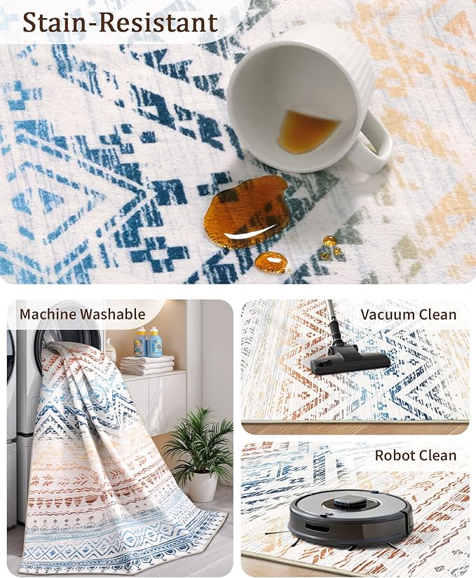 Miukiki 5x7 Washable Area Rug for Living Room, Soft Non Slip Rug Multi | Non-Slip Thin Throw Rug for Bedroom Kitchern Dining Room Office, Low Pile Indoor Floor Carpet with Vintage Pattern 5'x7'