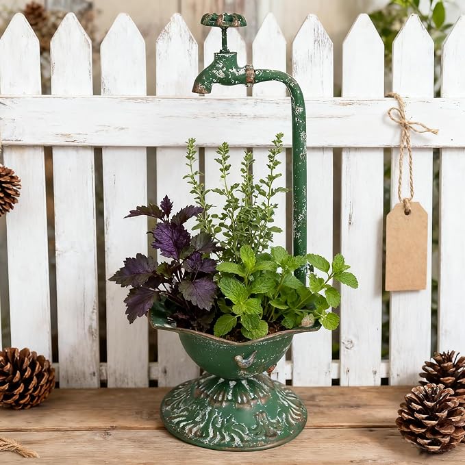 Unique Planters for Indoor Outdoor Plants, Rustic Succulent Planters, Outdoor Flower Pots, Indoor Succulent Plant Pots, Metal Tap Design, Home and Garden Decor (Green)