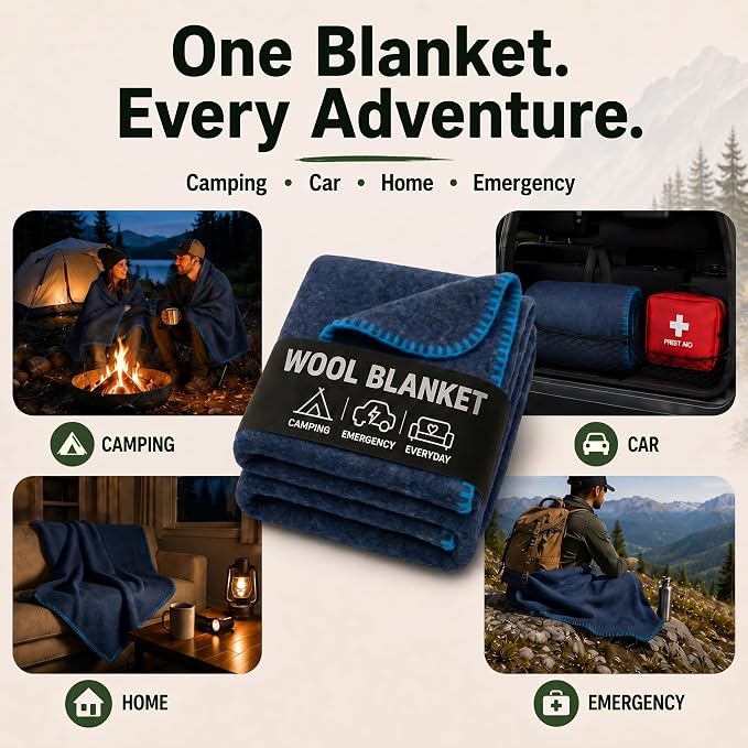 Wool Camping Blanket – 70% Wool Heavy-Duty Military Style Throw, Warm & Washable, Fire Retardant Cover for Emergency, Survival & Outdoor Use – Perfect for Camping, Car, Home & Hiking, Navy 62x84